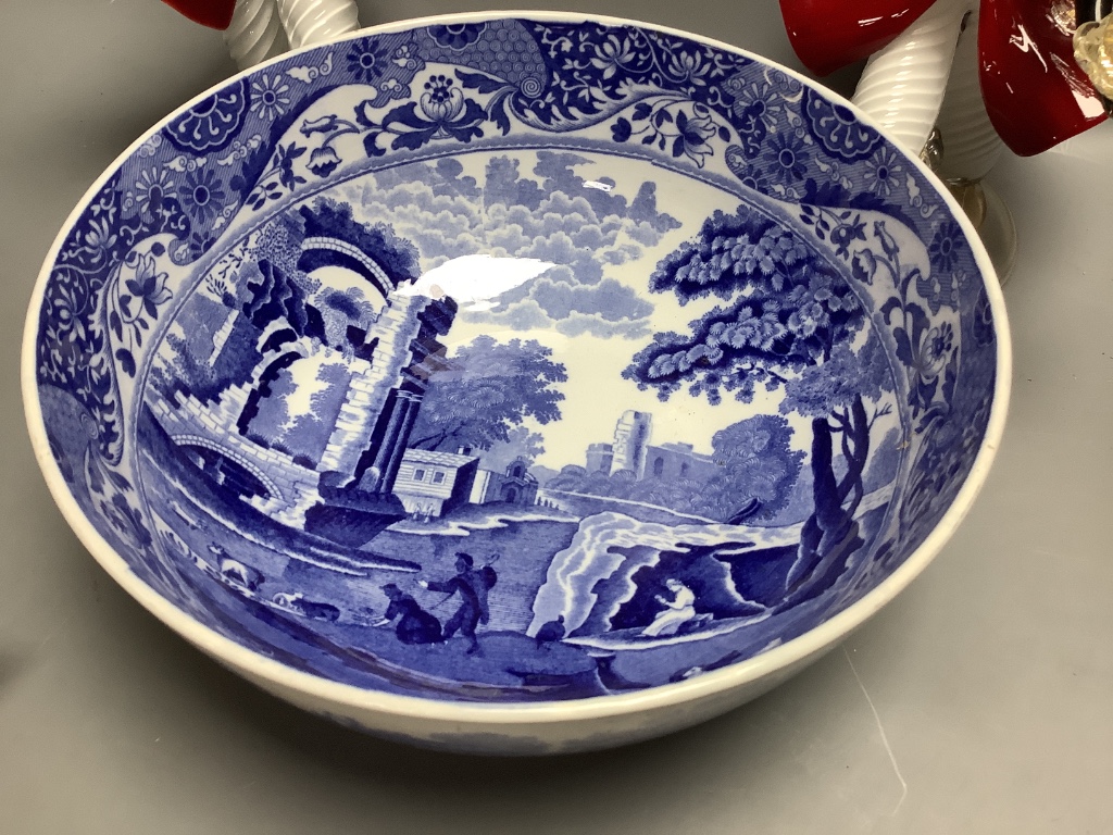 A Copeland Spode blue and white bowl, various cups, teapot etc, a pair of Venetian glass candelabra